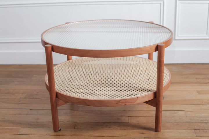 Table basse Chikoo ronde en bois de cerisier et rotin - Fainko